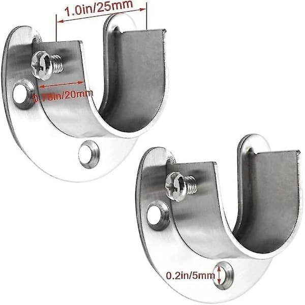 Runda rörfästen för garderobsstång, 2 st, klädstångsändar i silver med skruvar, U-formad (25 mm)