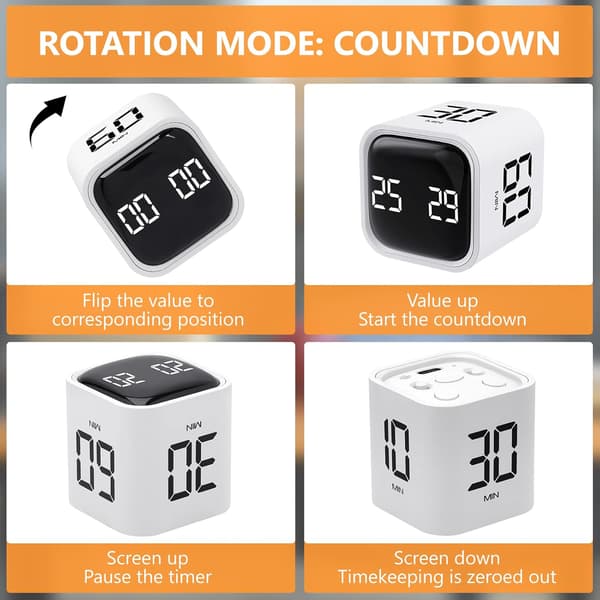 Kube Timer, Roterende Pomodoro Timer, 5/10/30/60 Minutter og Egendefinert Nedtelling, Digital Timer med Vibrasjon white