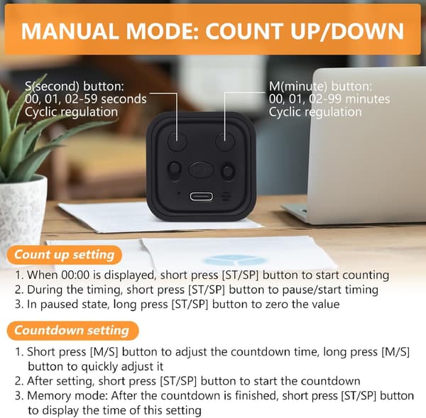 Kube Timer, Roterende Pomodoro Timer, 5/10/30/60 Minutter og Egendefinert Nedtelling, Digital Timer med Vibrasjon black