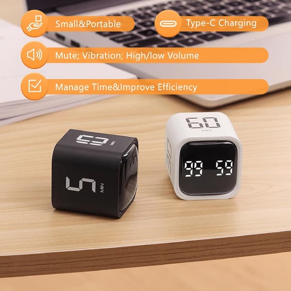 Kube Timer, Roterende Pomodoro Timer, 5/10/30/60 Minutter og Egendefinert Nedtelling, Digital Timer med Vibrasjon white