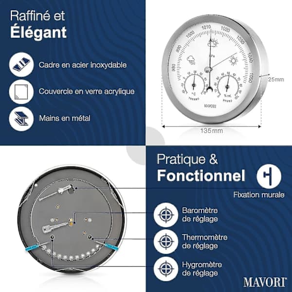 Analog innendørs/utendørs værstasjon Barometer i rustfritt stål Inkluderer barometer, hygrometer og termometer Tilgjengelig i hvit White