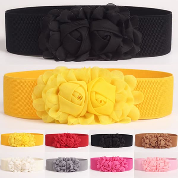 Zincnap Elastisk Belte Dobbel-Blomst Stoff Bredt Elastisk Midjebelte For Fest Kamel Camel