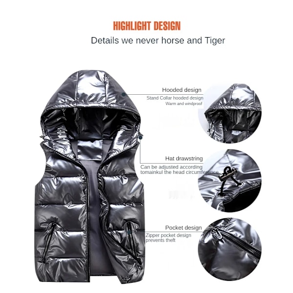 Vinterväst för män med huva, vadderad, glansig ärmlös jacka, avslappnade ytterkläder, tjock varm kappa, vattentät väst, herrkläder 4XL Gray L 150cm