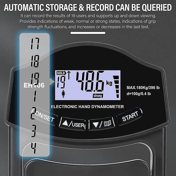 Grebstyrketester, 396lbs/180kg Digital Hånddynamometer Grebsstyrkemåler USB LCD-display Hånd