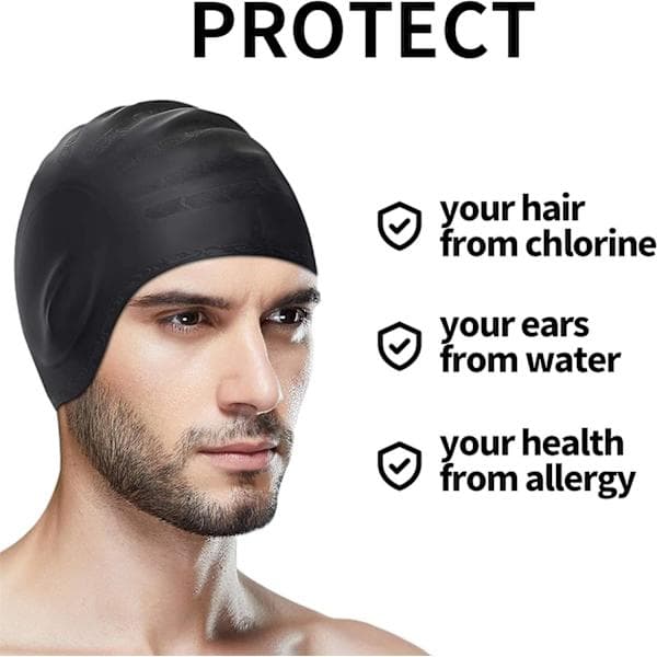 Badehette, badehette ørepropper 3D for kvinner, menn, voksne unisex, barn, tenåringer, silikon vanntett badehette passer langt/kort hår