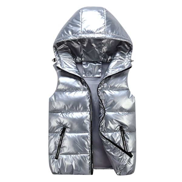 Vinterväst för män med huva, vadderad, glansig ärmlös jacka, avslappnade ytterkläder, tjock varm kappa, vattentät väst, herrkläder 4XL Silver L 150cm