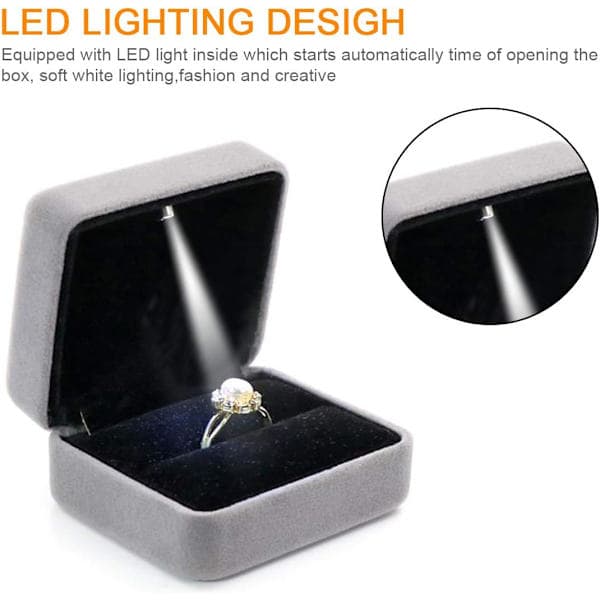 Sammet Ringbox med LED-ljus Smyckeskrin Presentförpackning Lämplig för Frieri, Förlovning, Bröllop Grå Grey