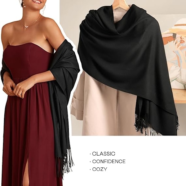Pashmina-sjal og omslag for kvinner til aftenkjole, langt skjerf, bryllupsbrud, brudepikesjal, gaver Black-b