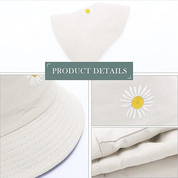 Hattar Dam - Daisy Broderi Bucket Hatt Dam Sommar Fiskehatt Vändbar Bomull Bucket Solhattar Vikbar Dubbelsidig Hatt