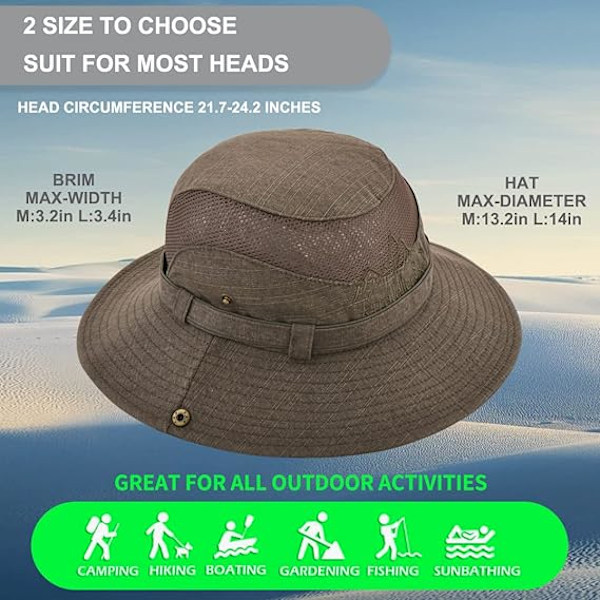 Solhatt i bomull UV-skydd Sommarhattar Strandhatt Safari Boonie Hatt Hopfällbar Fiskehatt med Andningsbart Mesh och Justerbar Hakrem Brown