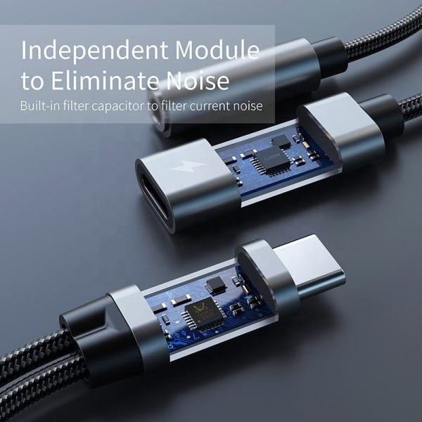 INF USB-C -sovitin 3,5 mm kuulokkeille ja USB-C-laturille, musta