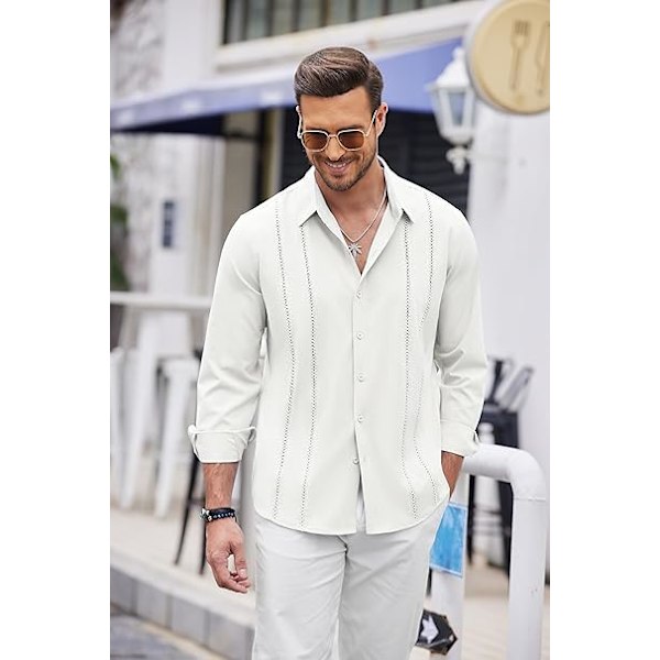 Herre Cuban Guayabera Skjorte Casual Knapper Ned Skjorter Langermet Strand Lin Skjorter