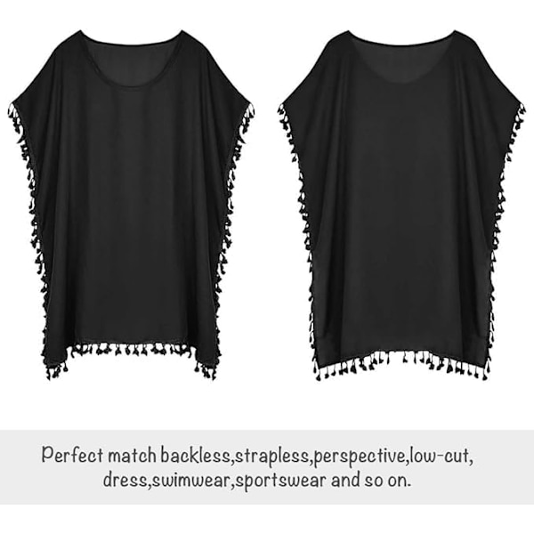 Chiffong Strandkläder Kvinnor Strand Bikini Överdrag Tofs Strandklänning V-ringad Baddräkt Sommar Casual Baddräkt Black