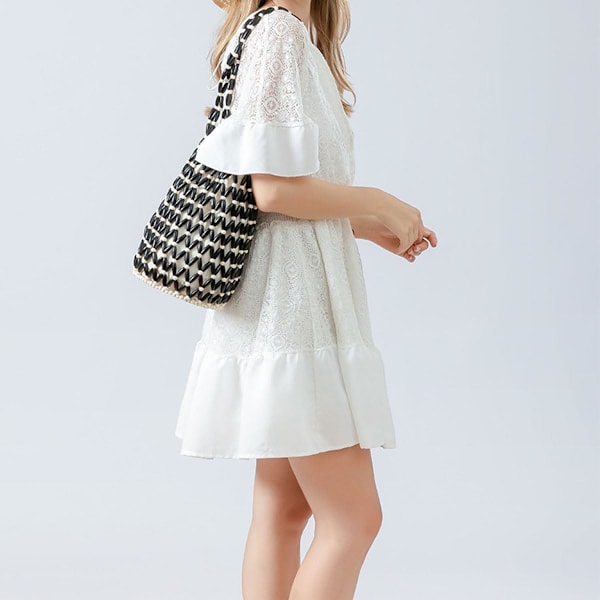 Retro Træ Skuldertaske Kvinder Vævet Perlebesat Håndtaske Udhulet Tote Taske Casual Strand Bucket Taske Black