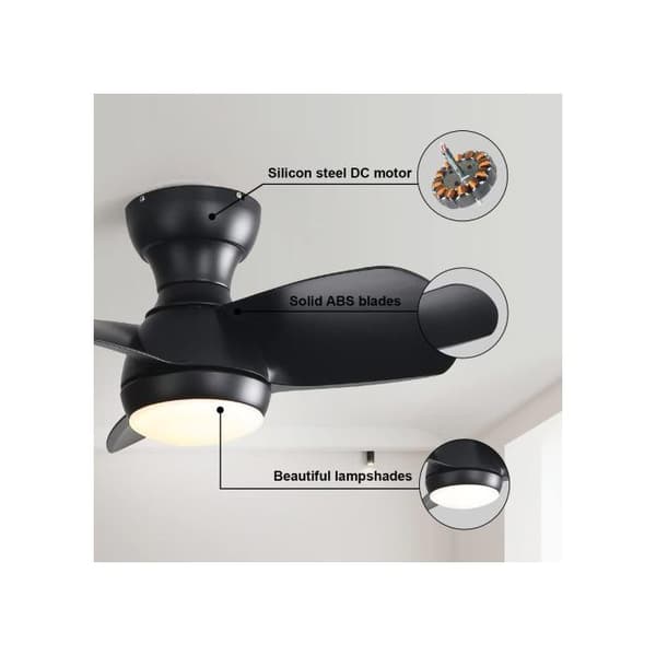 23 tommer soveværelse loftventilator med 3 dæmpbare ABS-blade, sort, med 18W LED-belysning