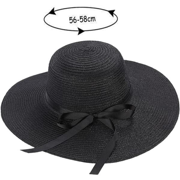 Damhatt i halm, sommarhatt med rosett, strandhatt med UV-skydd UPF50+, bred brätte, vikbar solhatt för damer och herrar, strandaccessoarer för semester