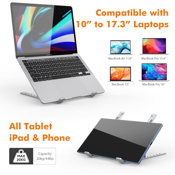 Laptopstativ for skrivebord, justerbar laptophever, bærbar laptopstativ med 6 vinkeljusteringer for 10-17,3 tommers bærbare datamaskiner, nettbrett