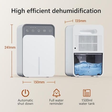 1500 ml elektrisk affugter – programmerbar timer – dvaletilstand – LED-lys – automatisk slukning til trange rum