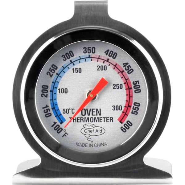 Ovnstermometer i rustfritt stål for bruk med vifte, gass, pizzaovn, airfryer eller komfyr. Kan henges eller stå inne i ovnen, lettlest display
