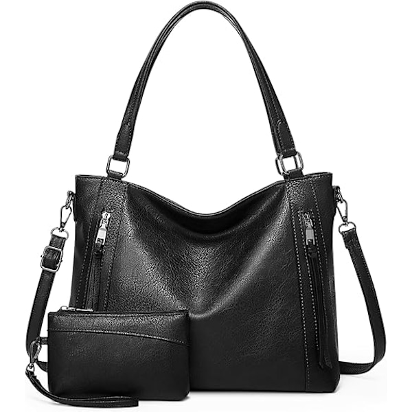 Crossbody taske til kvinder, håndtasker til kvinder, afslappet shopper taske i PU-læder, skuldertaske, stor tote taske 2pcs-negro