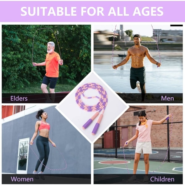 Blødt perlebesat sjippetov, justerbart, sammenfiltringsfrit, segmenteret fitness for mænd, kvinder, børn og studerende (9 fod 280 cm) lilla