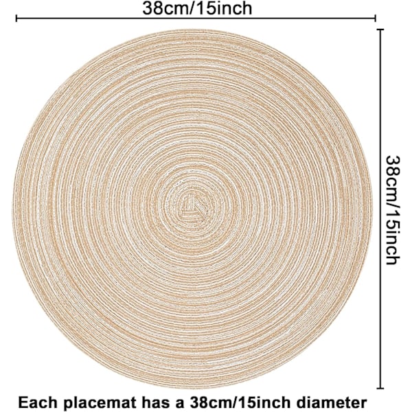 38 cm pyöreät tabletit, 6 kpl, punotut kudotut tabletit, pestävät pöytätabletit, pyöreät lämmönkestävät pöytätabletit, beige
