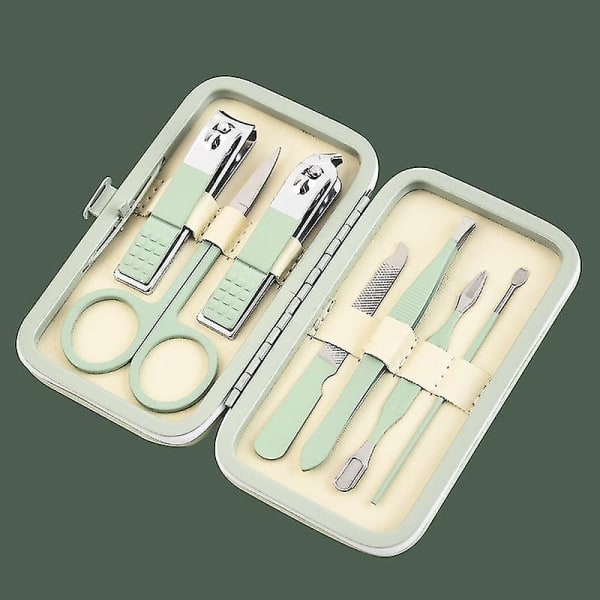 Manikyrset 7 delar Professionell nagelklippare Kit Pedikyrvård Verktyg - Rostfritt stål Skötselverktyg för resor (1 set, Grön)