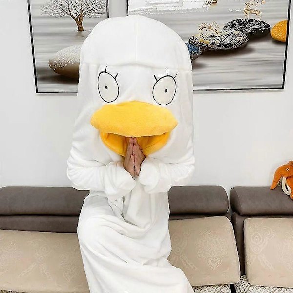 Valkoiset ankka-pyjamat miehille ja naisille, flanellinen makuupussi, hauska yksiosainen pyjama M
