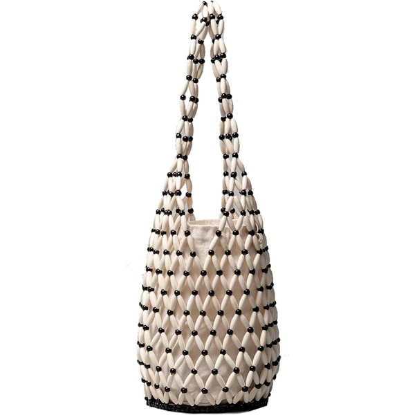 Retro Træ Skuldertaske Kvinder Vævet Perlebesat Håndtaske Udhulet Tote Taske Casual Strand Bucket Taske White