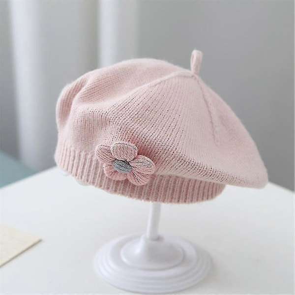 Spædbarn Baby Børn Piger Ensfarvede Vinter Franske Beretter Hatte Med Blomst Bonnet Hat Strikkeuld Kunstner Malerhue Pink