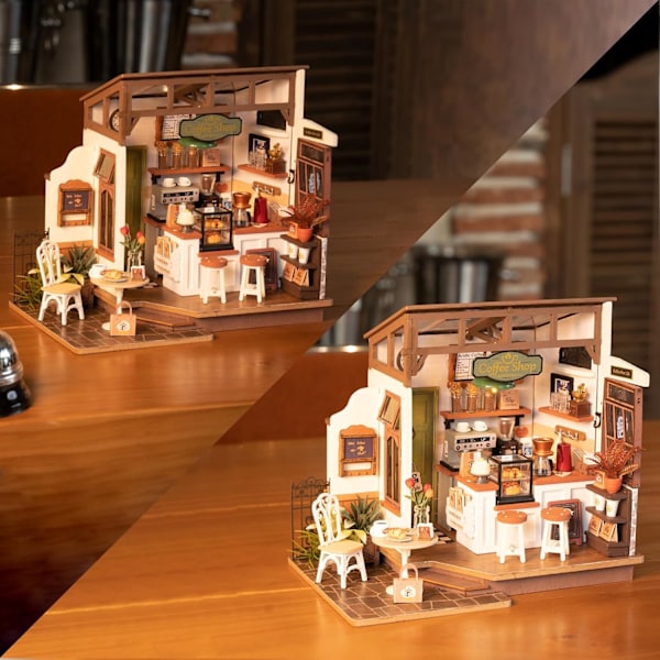 Dockskåp Café Miniatyr Trä Dockhus Kit med Möbler Träbyggsatser med LED-lampor för Flickor och Kvinnor