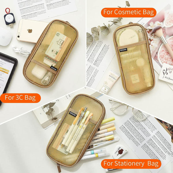 Rutnät Mesh Dragkedja Pennfodral Transparent Makeup Färgväska Kosmetika Väska Multifunktionell Resa Skola Tonåringar Transparent Stationär Väska Khaki