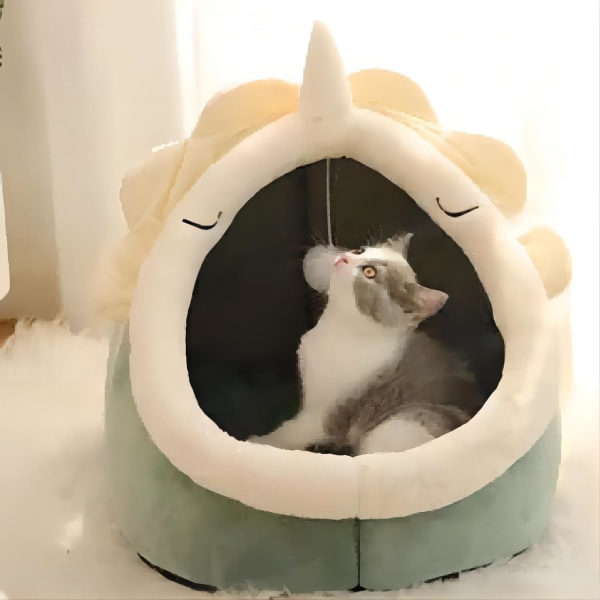 Kattbäddar för inomhuskatter Semi Enclosed Cat Nest Söt dinosaurieformad katt tält säng Katt hus Små hundsängar Lämplig för små husdjurssängar Grön
