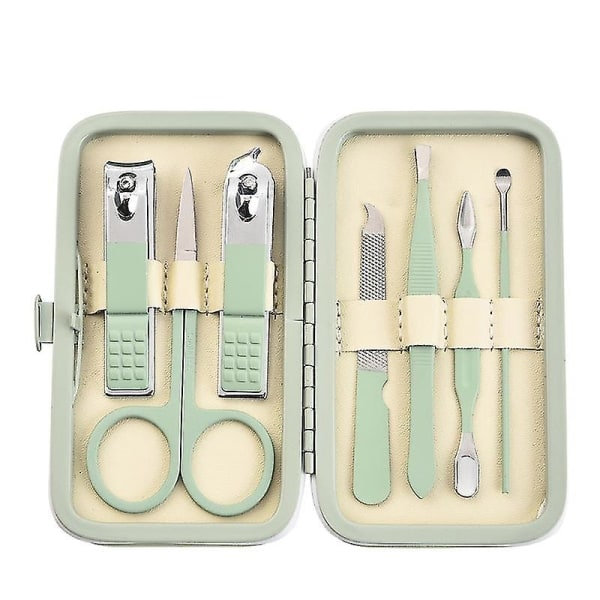 Manikyrset 7 delar Professionell nagelklippare Kit Pedikyrvård Verktyg - Rostfritt stål Skötselverktyg för resor (1 set, Grön)