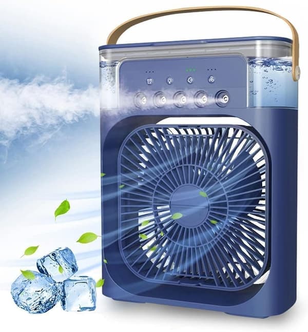 Mini Airconditioner Ventilator - Bordventilator med 3 Hastigheder, 3 Spraytilstande, LED Lys & Timer, USB Køler til Hjemmet