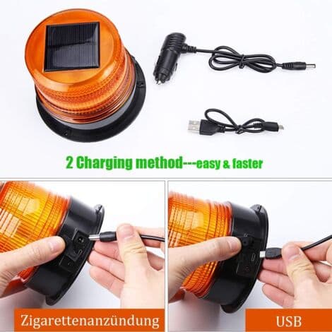 12V Solar LED Varsellys – USB- og Sigarettennerlading – Magnetisk Base – Vanntett – 3 Lysmoduser