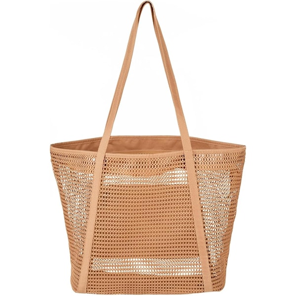 Stor Mesh Strandtaske med Indvendig Lynlåslomme, Foldbar Indkøbstaske, Strand Mesh Tote, Skuldertaske til Kvinder
