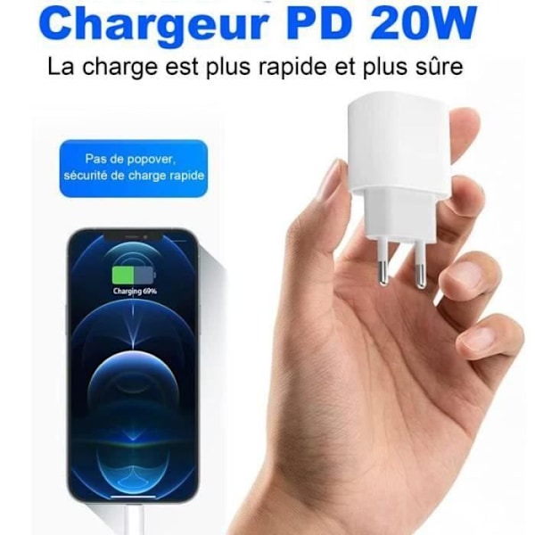 20W Hvit Hurtiglader - USB C til Lightning - 2m Lengde - Ladekloss + Kabel - Kompatibel med iPhone/iPad