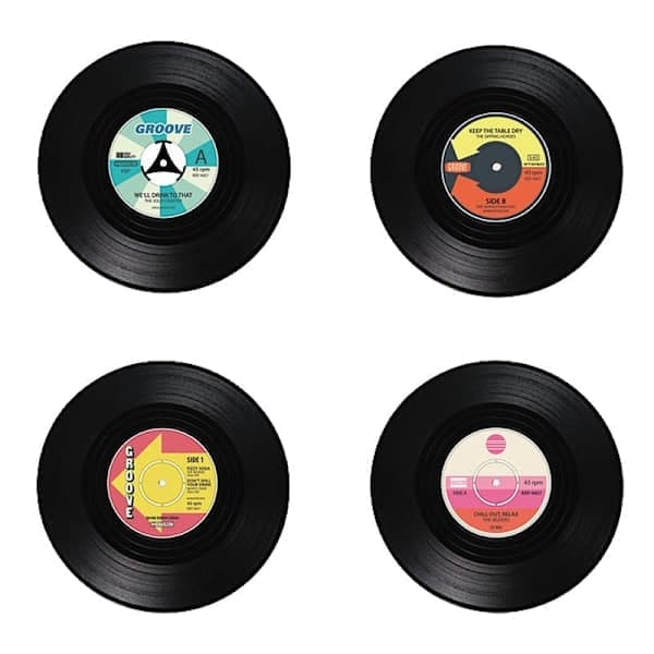 4-pak Vinyl Plade Coasters - Sort, Retro Coasters til Bordbeskyttelse