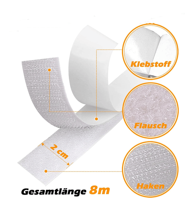 Borrelås med selvklebende tape Hvit 2 cm / 8 m Hvit 2 cm / 8 m cm / 8 m