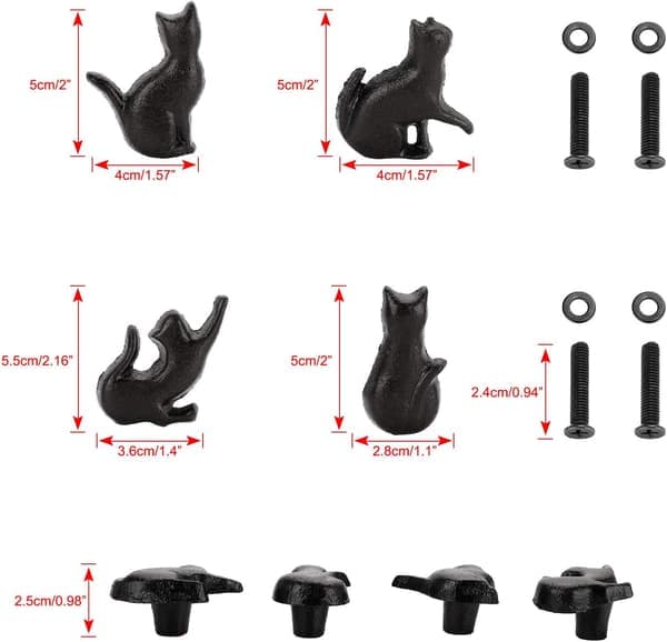 Knoppar i kattform, 4-pack, köksknoppar i järn, garderob