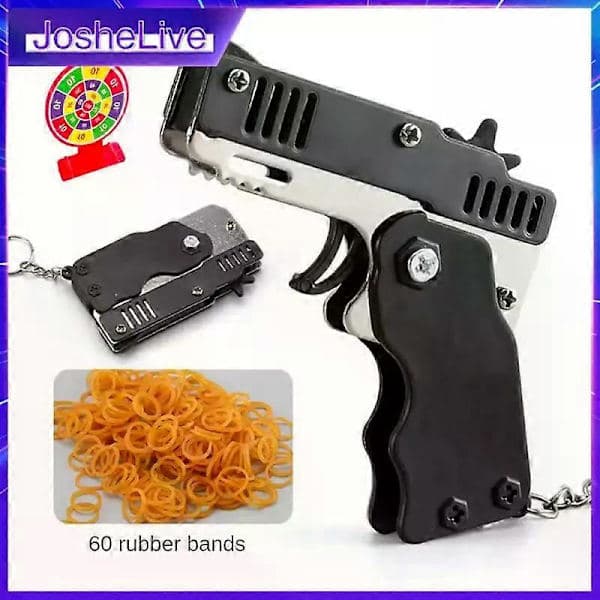 1 sæt gummibåndspistol Børn Julegave Nøglering Mini Metal Foldbar Skydekanon Gummibånd Legetøjsgaver Med 60 Elastik Stil E Style E