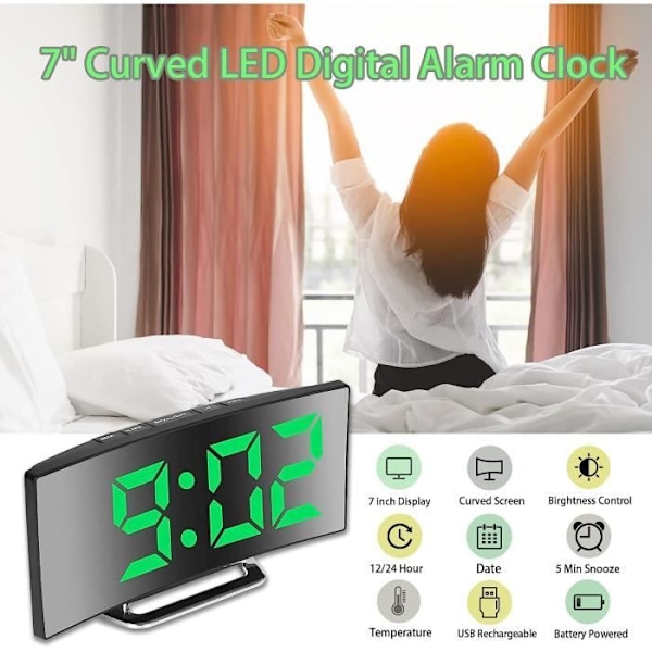 Digital väckarklocka för sovrum, 7'' LED-spegelskärm, 2 ljusstyrkor, USB-laddning & batteridriven (Grön)