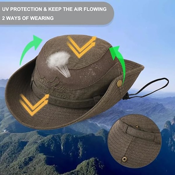 Solhatt i bomull UV-skydd Sommarhattar Strandhatt Safari Boonie Hatt Hopfällbar Fiskehatt med Andningsbart Mesh och Justerbar Hakrem Brown