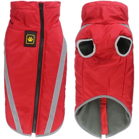 Vattentät hundjacka – Varm vinterjacka i polyester – Fleece-foder – Reflexband – Hål för sele – Röd