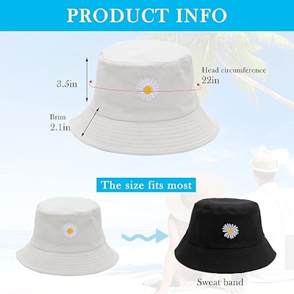 Hattar Dam - Daisy Broderi Bucket Hatt Dam Sommar Fiskehatt Vändbar Bomull Bucket Solhattar Vikbar Dubbelsidig Hatt