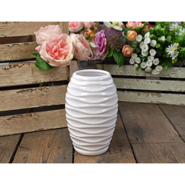 Vit 20cm Keramisk Vas Cylinder Präglad Form Glasyr Blomsterarrangemang Vaser Hem Dekorativ Prydnad