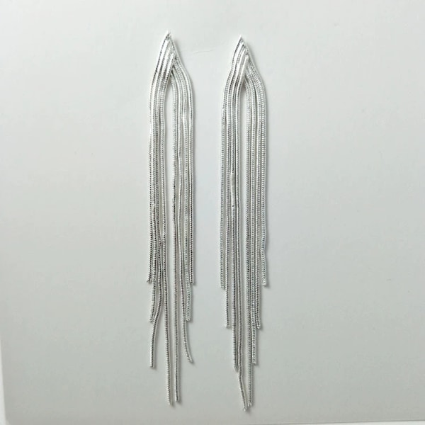 Retro 925 Sterling Silver Örhängen Kedja Tofs Lång Hängande Stiftörhängen Vitguldpläterade Bröllop Silver