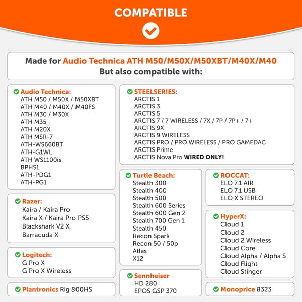 Wicked Cushions Opgraderede Erstatningsørekopper til ATH M50X - Passer til Audio Technica M40X / M50XBT / HyperX Cloud & Cloud 2 / SteelSeries Arctis 3/5 / 7 /