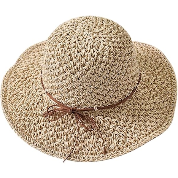 Solhatt i strå för damer, hopfällbar stråhatt med bred brätte, solhatt med rosett, justerbar strandhatt, elegant bucket hat, UPF 50 UV-skydd